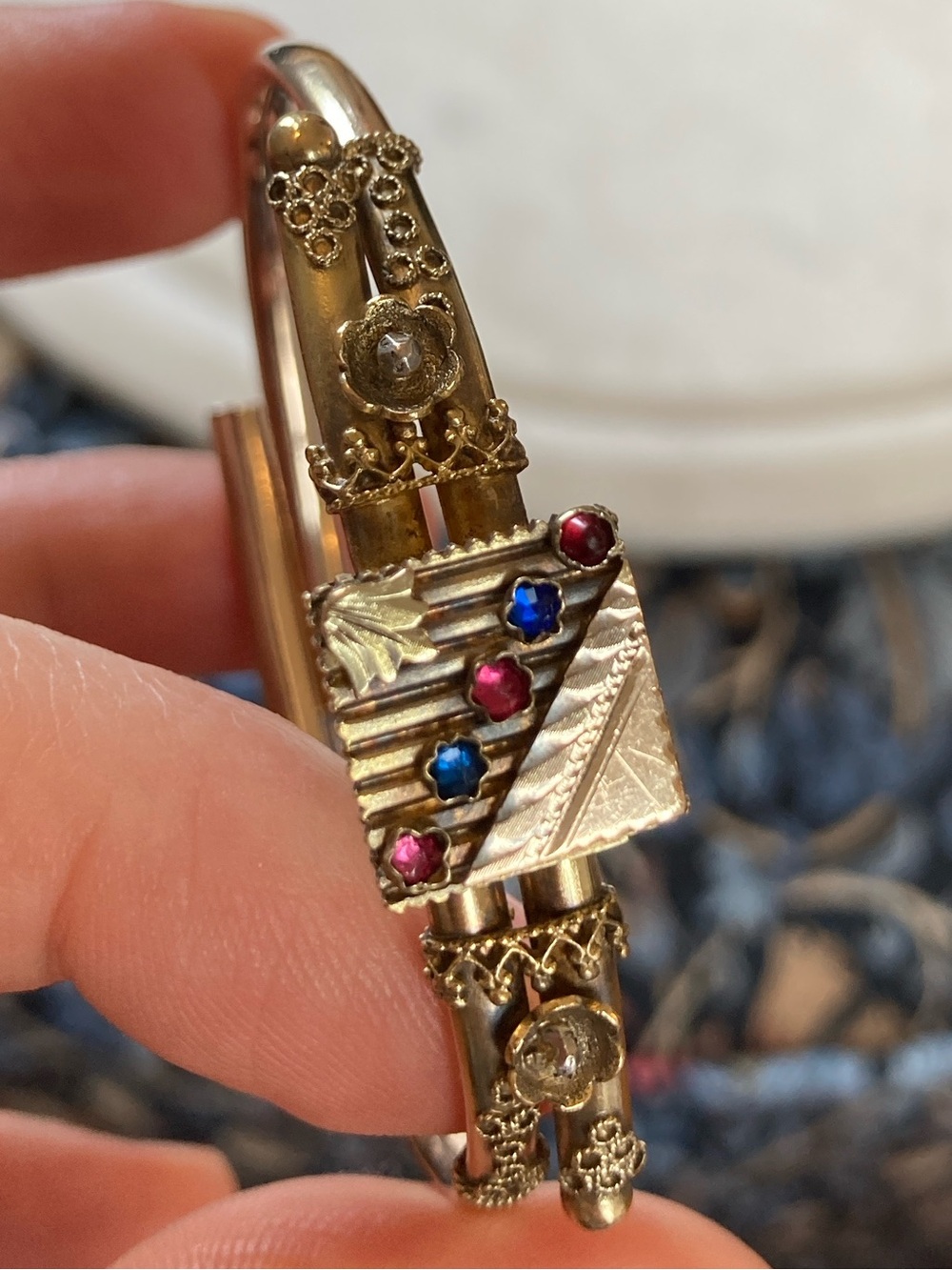 Antique Victorian Rose-Cut Garnet & Paste Etruscan Bracelet PAT. July 14, 1885